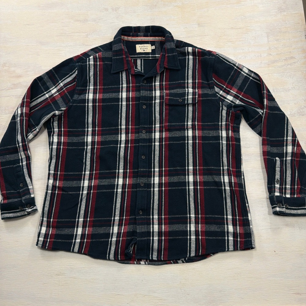 The Normal Brand Flannel Shirt XXL Plaid Long Sleeve Navy Red Mens
